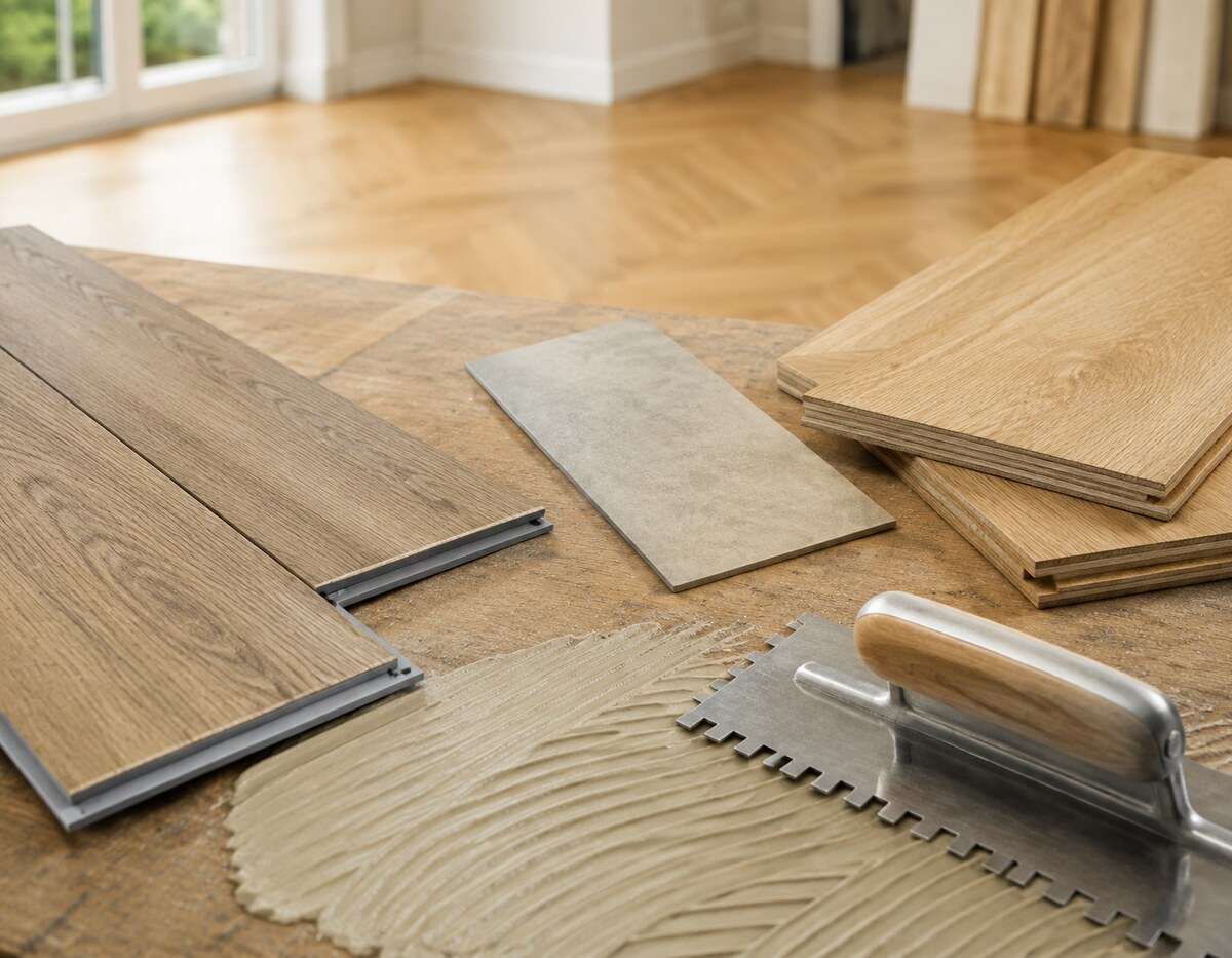 Klickvinyl, Klebevinyl und Parkett bei der Verlegevorbereitung