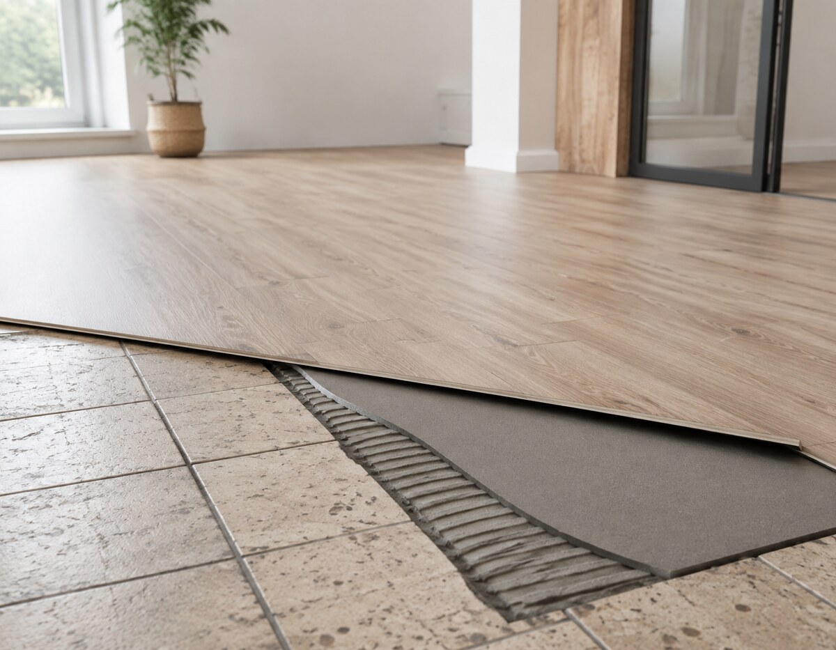 Neuer Vinylboden über vorbereitetem altem Fliesenboden