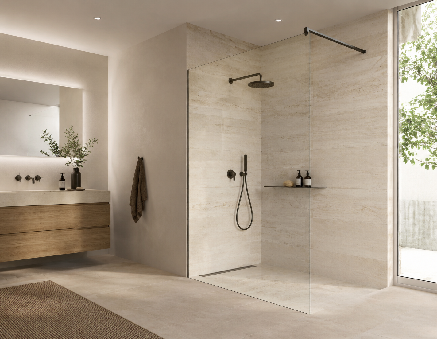 Offene Walk-in-Dusche mit feststehender klarer Glasscheibe