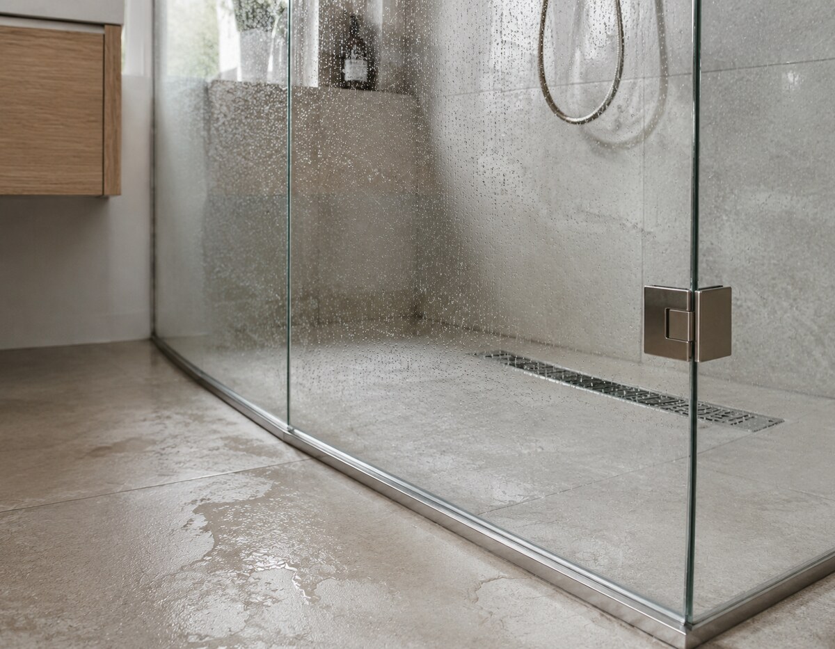 Wassertropfen, Dichtung und Bodenprofil einer Glasdusche