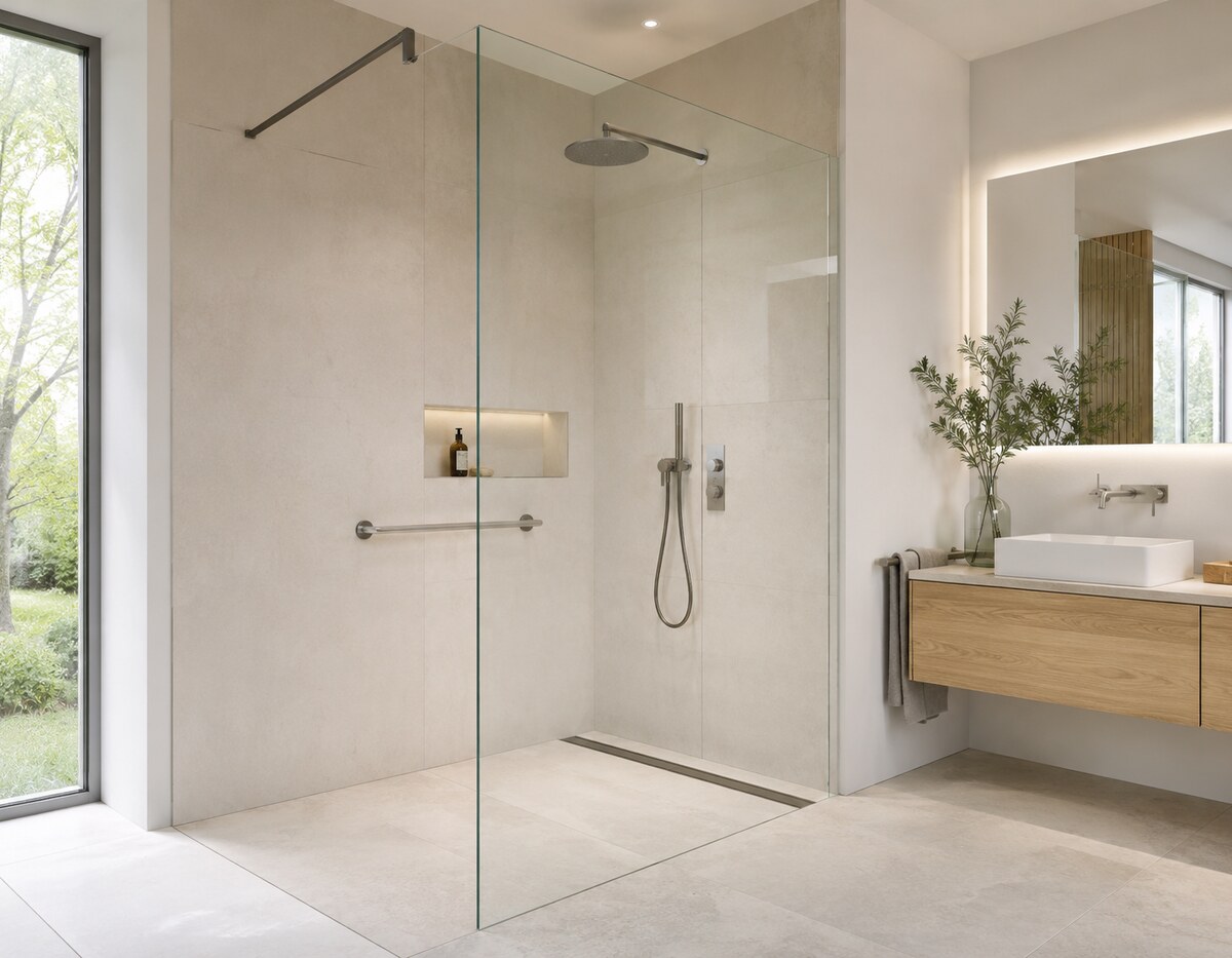 Bodengleiche Walk-in-Dusche mit breitem Zugang