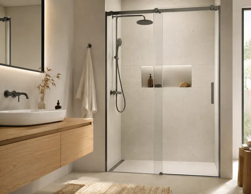 Duschabtrennung mit seitlich geöffneter Glasschiebetür in einem kompakten Bad
