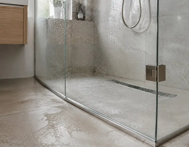 Wassertropfen, Dichtung und Bodenprofil einer Glasdusche