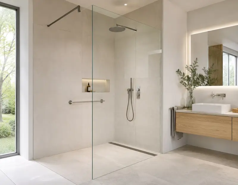 Bodengleiche Walk-in-Dusche mit breitem Zugang