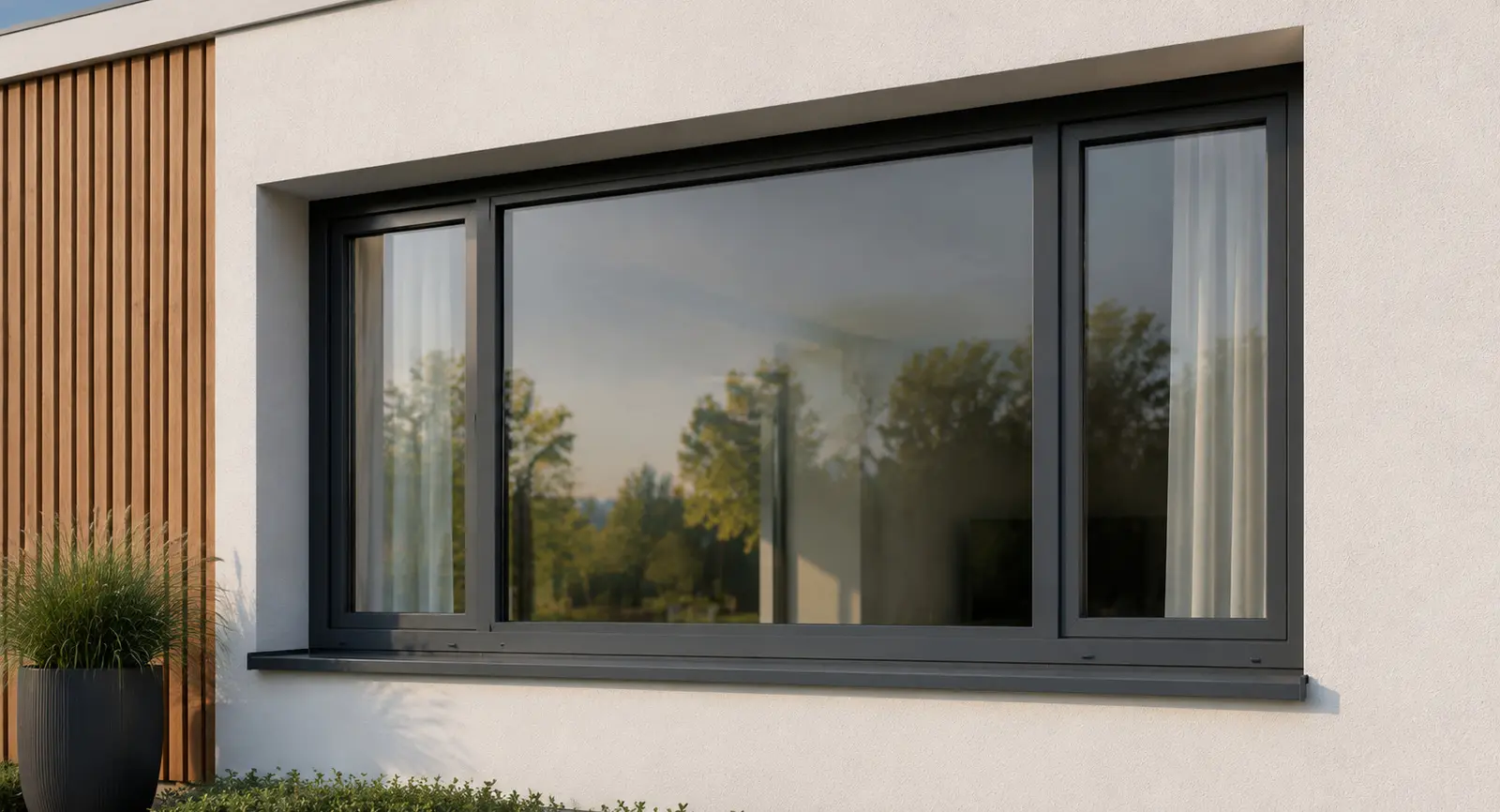 Großes modernes Fenster mit anthrazitfarbenem Rahmen an einer Putz-Holz-Fassade