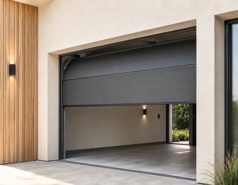 Modernes Sektionaltor an einer Garage mit kurzer Zufahrt