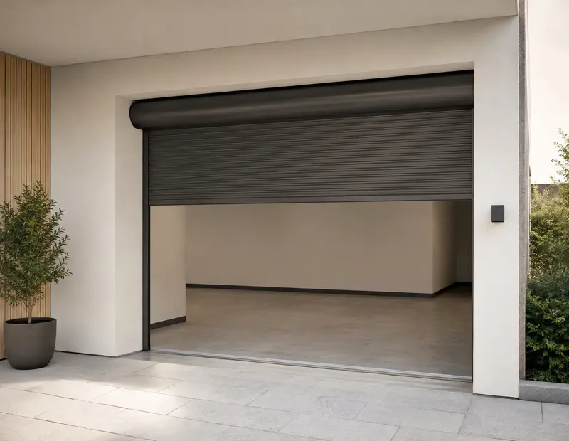 Garagenrolltor mit sichtbaren seitlichen Führungsschienen in moderner Fassade
