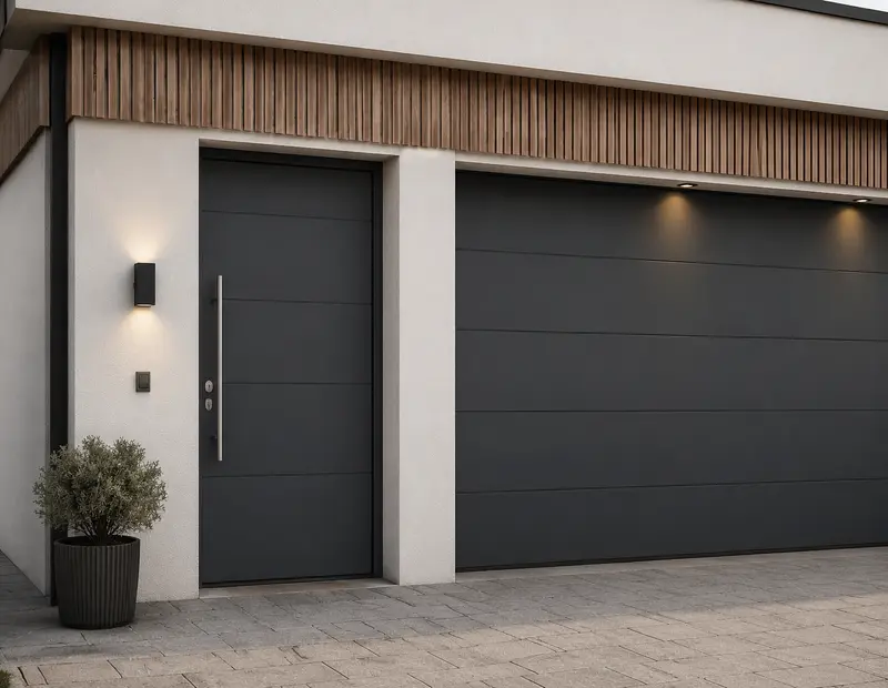 Garage mit abgestimmtem Tor und separater Nebentür