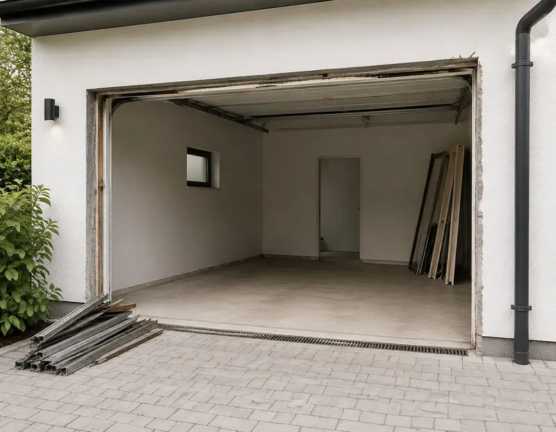 Offene Garagenöffnung mit demontierten Metallschienen auf der Einfahrt