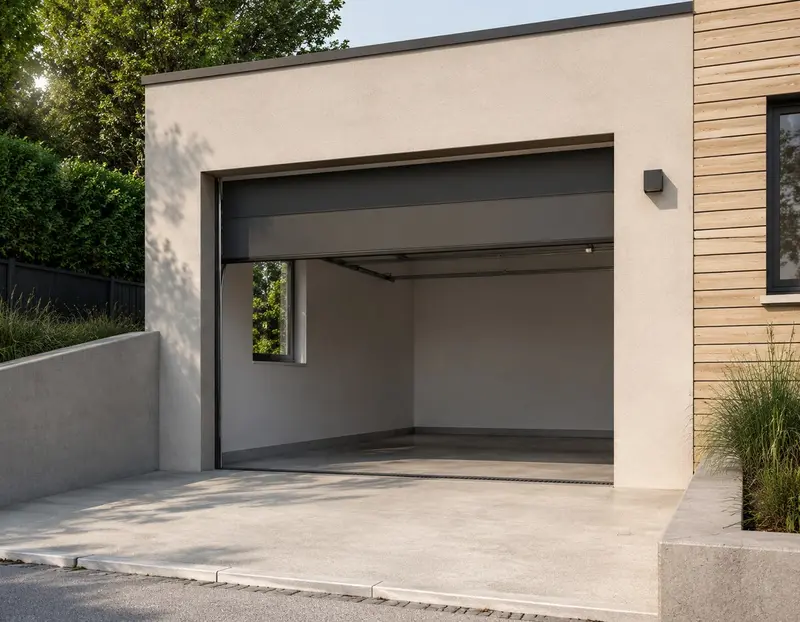 Teilweise geöffnetes Sektionaltor innerhalb der Garagenöffnung
