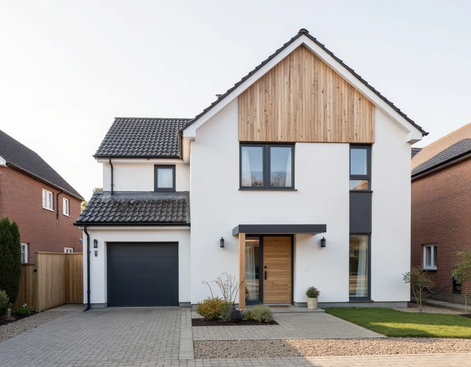 Fertiggestelltes Wohnprojekt mit Fenstern, Haustür und Garagentor