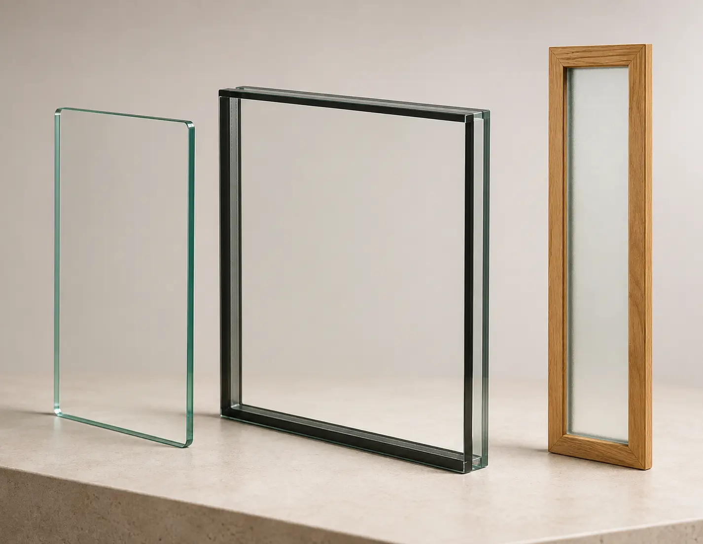 Freigestellte Glasprodukte mit klarer Scheibe, Isolierglas und satiniertem Lichtausschnitt