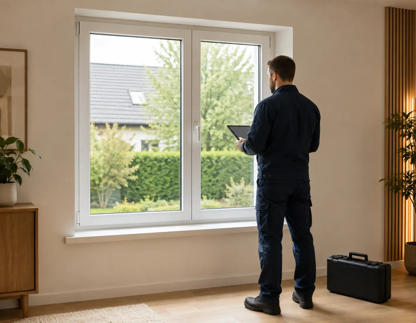 Servicetechniker prüft ein modernes Fenster mit einem Tablet
