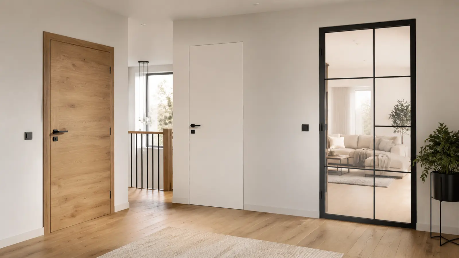 Moderner Flur mit Holztür, weißer Innentür und schwarzer Glastür