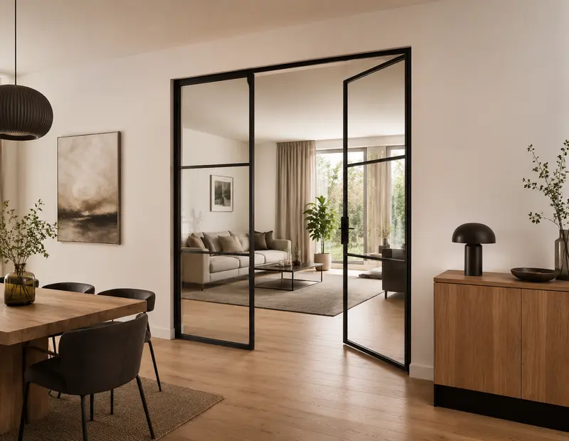 Schwarze Stahl-Lofttür mit Glasfeldern zwischen Wohn- und Essbereich