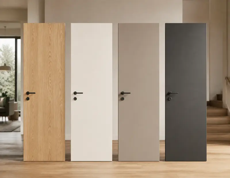 Materialmuster für Innentüren mit Holzdekor und neutralen Lackfarben