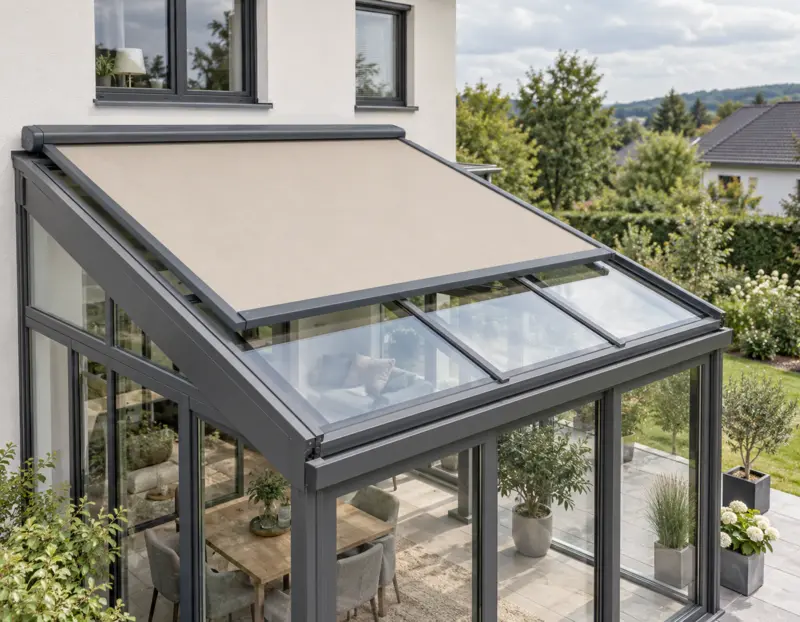 Geführte textile Markise über einer großzügigen Terrasse am Wohnhaus