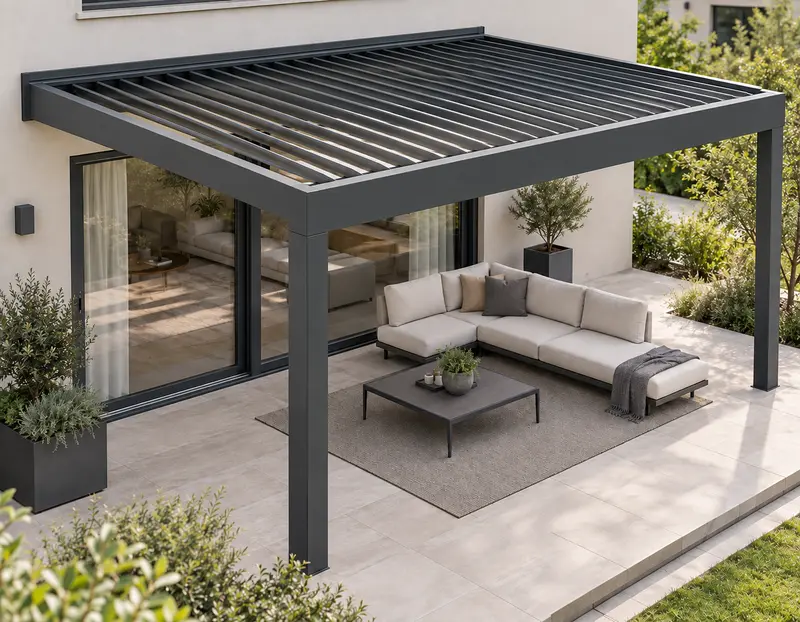 Moderne Terrassenüberdachung mit verstellbaren Lamellen und klarer Linienführung