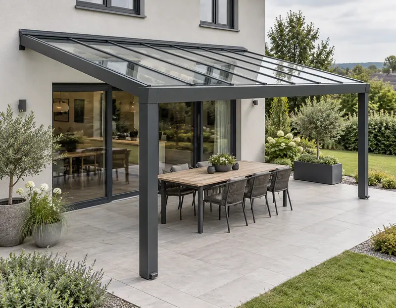 Festes Terrassendach aus Glas und Metall an einem modernen Einfamilienhaus