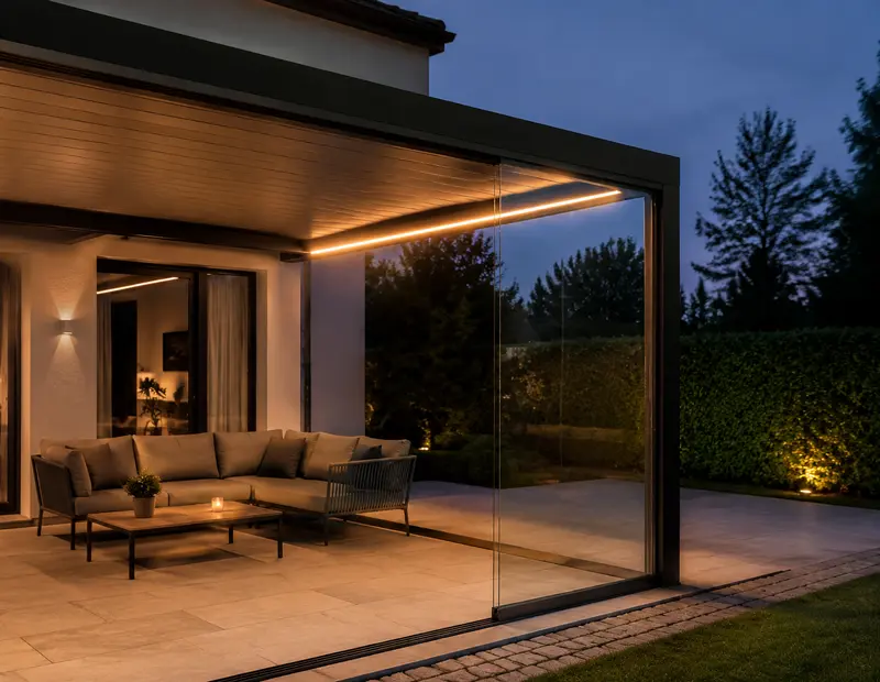 Überdachte Terrasse mit integrierter Beleuchtung und seitlichem Sichtschutz