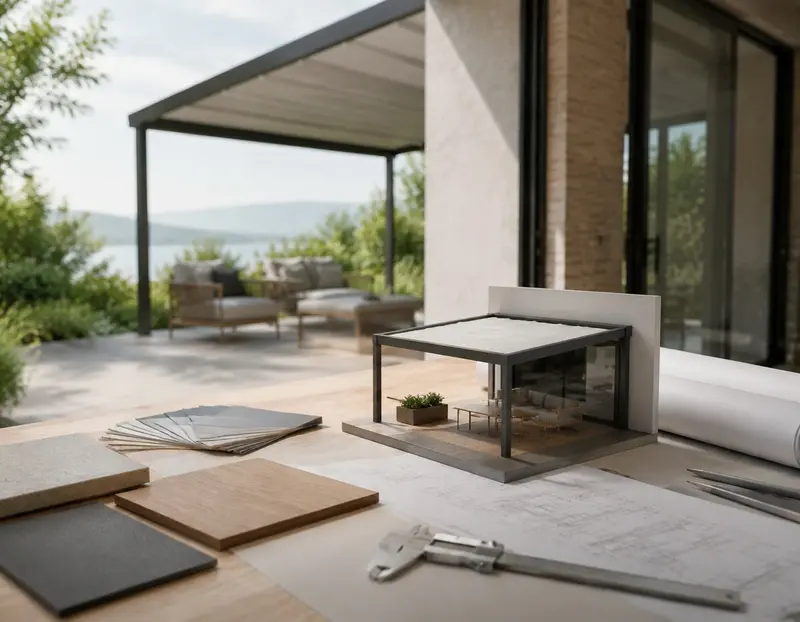 Materialmuster und Maßband zur Planung einer Terrassenüberdachung