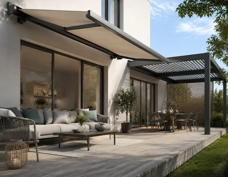 Markise und Pergolaüberdachung an einer modernen Terrasse