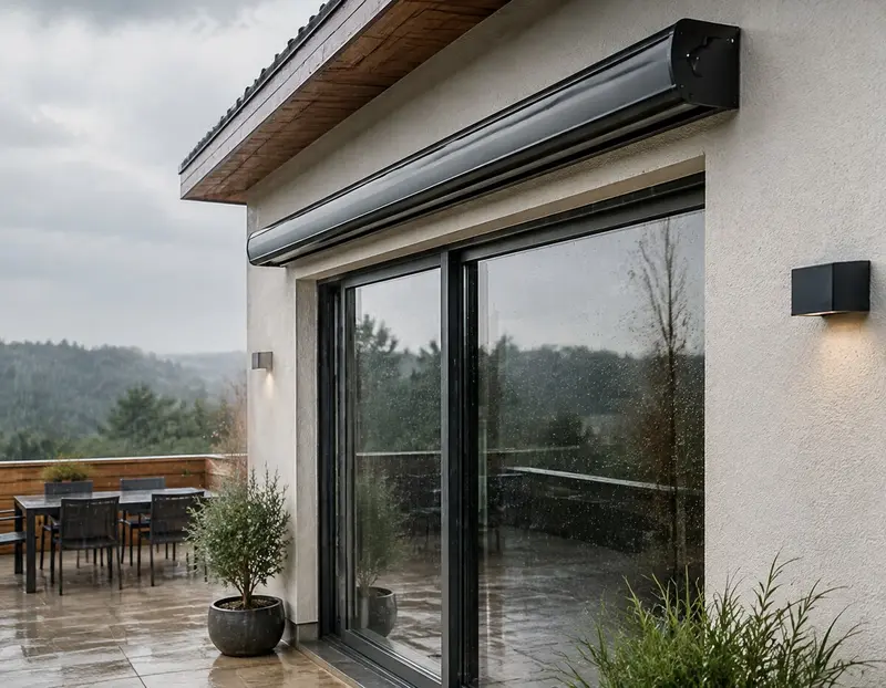 Eingefahrene Kassettenmarkise bei Regen