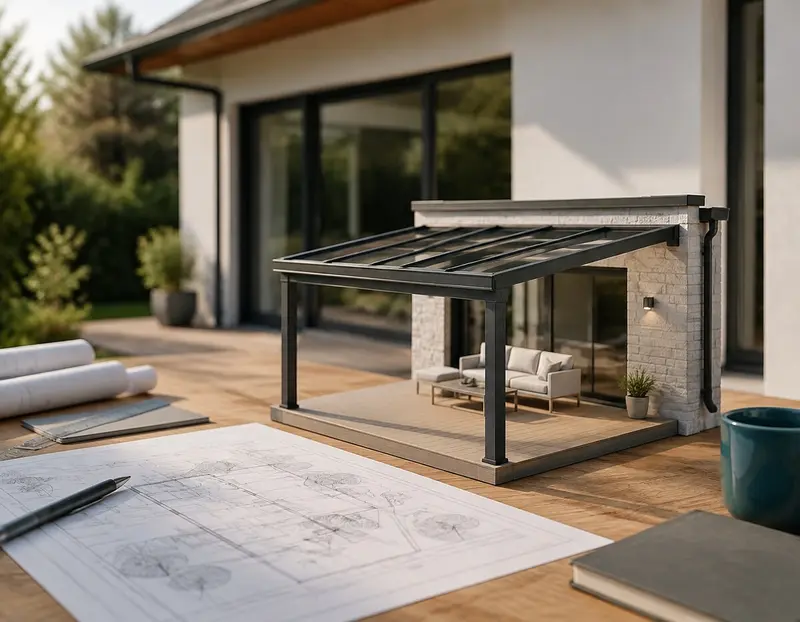 Festes Glasdach über einer Terrasse am Wohnhaus