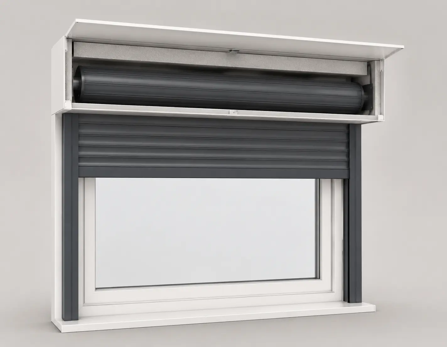 Schnittdarstellung eines renovierten Rollladenkastens über einem Fenster
