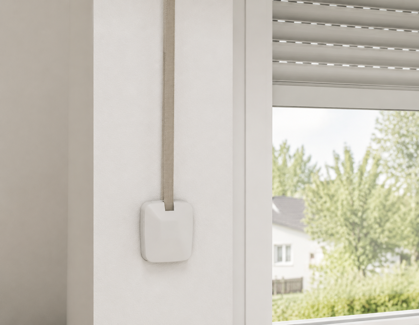 Manueller Gurtwickler neben einem Fenster mit Rollladen