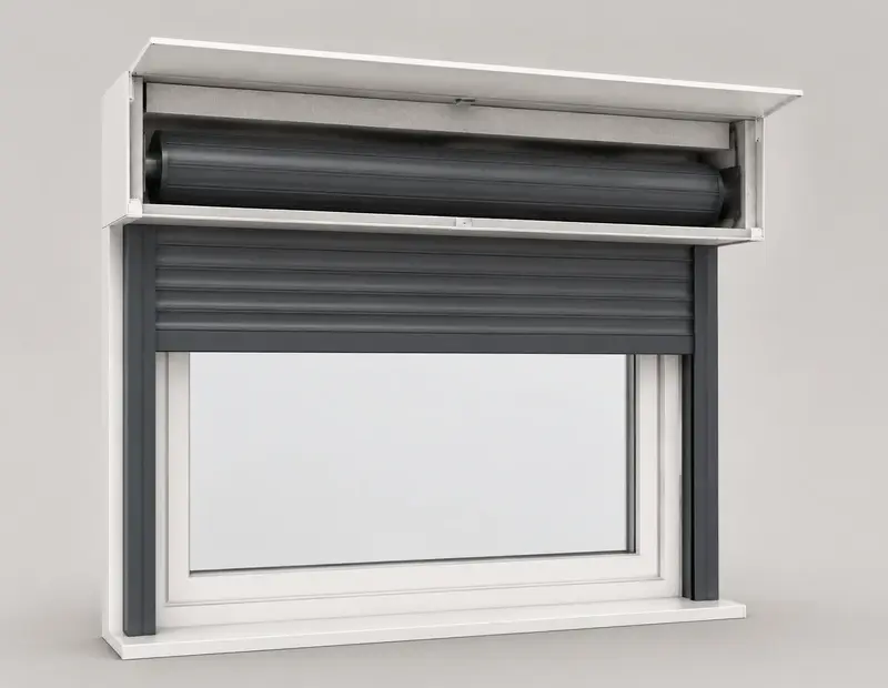 Schnittdarstellung eines renovierten Rollladenkastens über einem Fenster