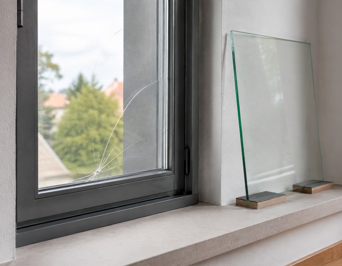 Beschädigte Bestandsscheibe mit passender Ersatzscheibe