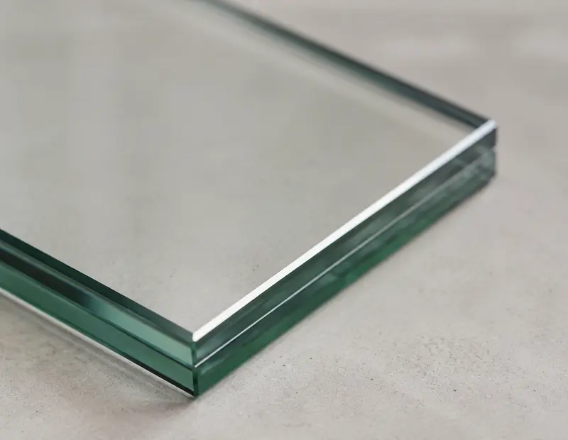 Kantenansicht von Verbundsicherheitsglas mit sichtbarer Folie zwischen zwei Scheiben