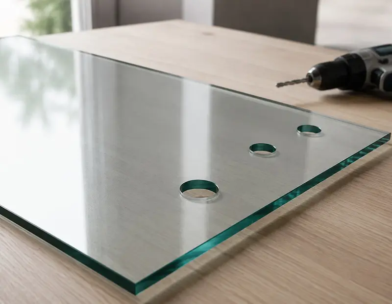 Werkseitig bearbeitete Glasscheibe mit fertigen Bohrungen