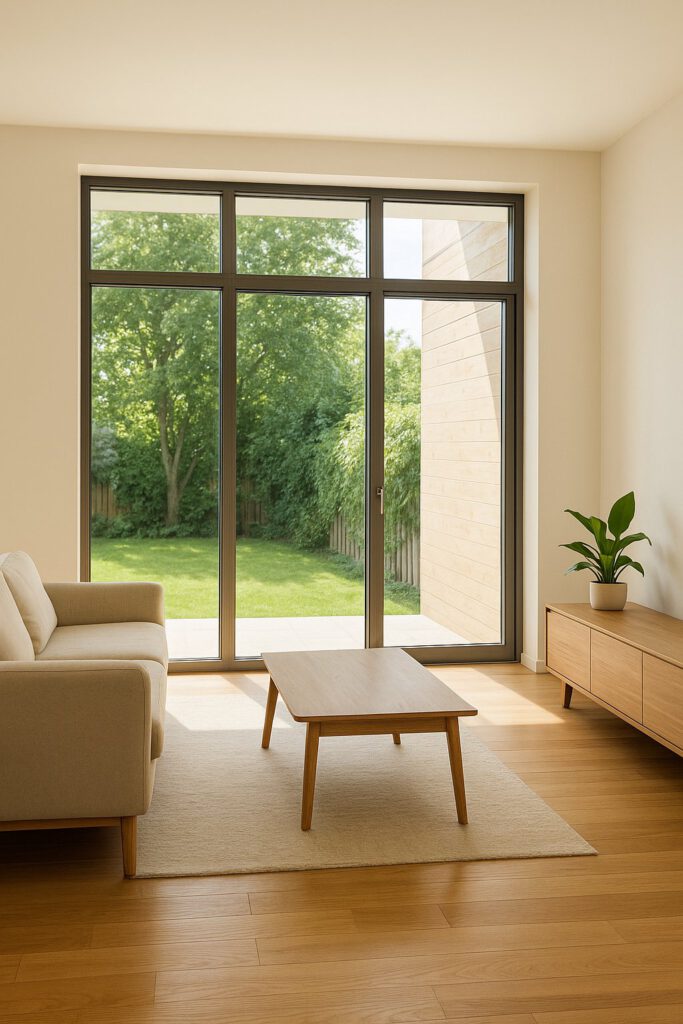 Modernes Wohnzimmer mit großen Fenstern, Tageslicht