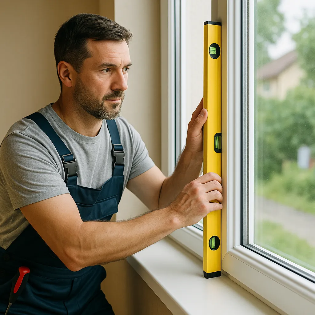 Fensterbauer richtet ein neues Kunststofffenster mit Wasserwaage aus