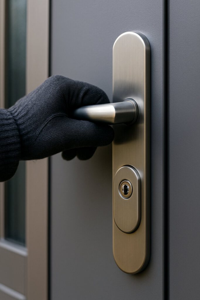Detailaufnahme einer Haustür mit Sicherheitsbeschlag und Griff